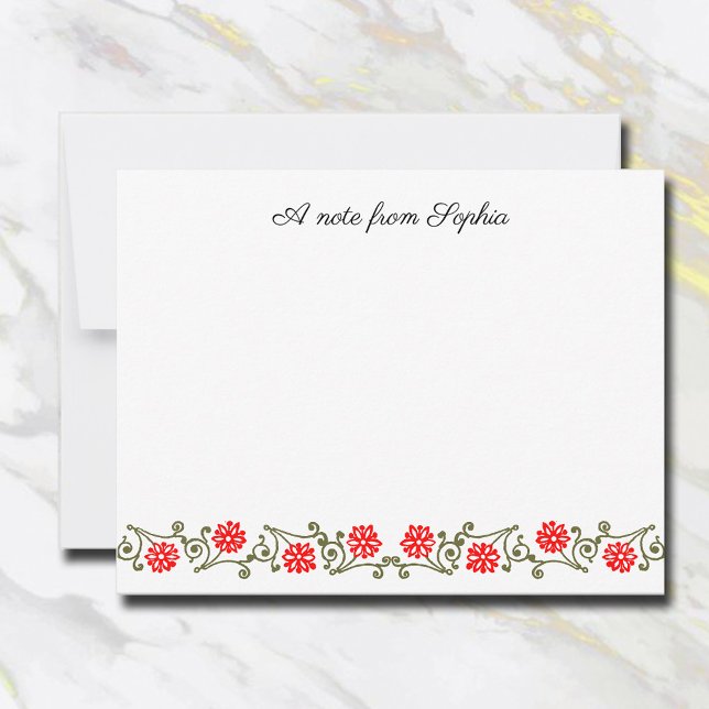 Elegant Editable Vintag Red Gold Floral Mitteilungskarte (Red flowers, golden leaves vintage etching)