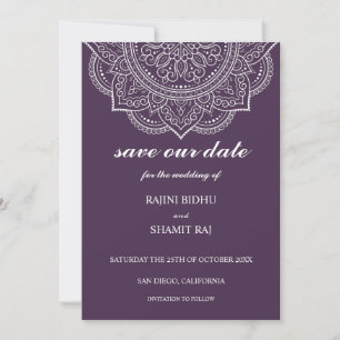 Elegant Eggplant Paisley Indian Hindu Wedding Save The Date