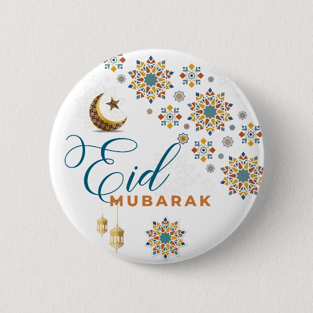 Elegant Eid Mubarak Arabic Calligraphy Moon Stars Button (Vorderseite)
