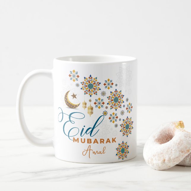 Elegant Eid Mubarak Arabic Calligraphy Moon Stars Kaffeetasse (Mit Donut)
