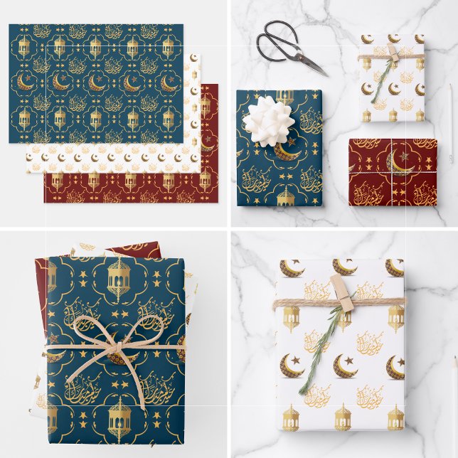 Elegant Eid Mubarak Calligrafy gold Geschenkpapier Set (Eid Mubarak adha islamic arabic joy crescent star gold script typography muslim festival  fitr wrap)