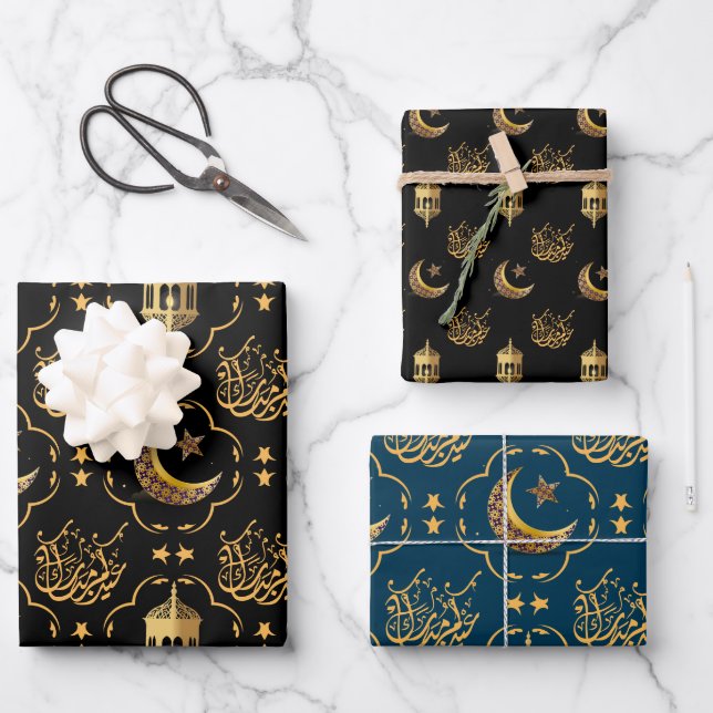 Elegant Eid Mubarak Calligrafy Gold schwarz blau Geschenkpapier Set (Vorderseite)