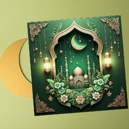 Elegant Eid Mubarak Crescent Moschee Blumengrün Feiertagskarte