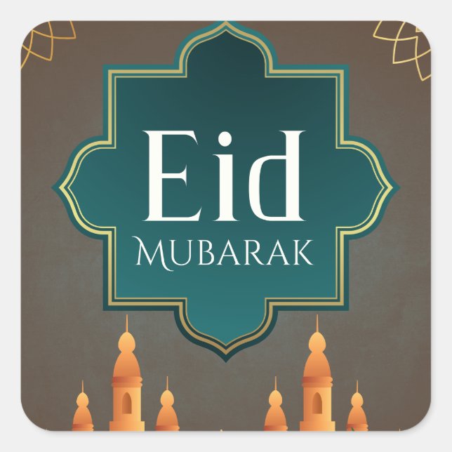 Elegant Eid Mubarak Mosque Skyline Art Quadratischer Aufkleber (Vorderseite)