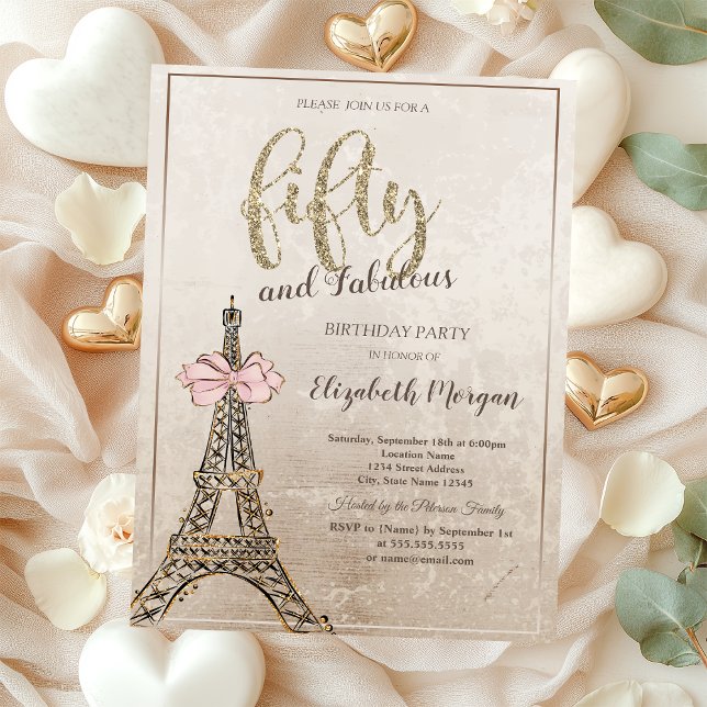 Elegant Eiffel Tower Bow 50th Birthday Einladung (Von Creator hochgeladen)