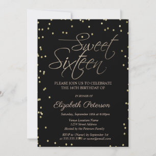 Elegant Einfach Gold Diamanten Schwarz Sweet 16 Einladung
