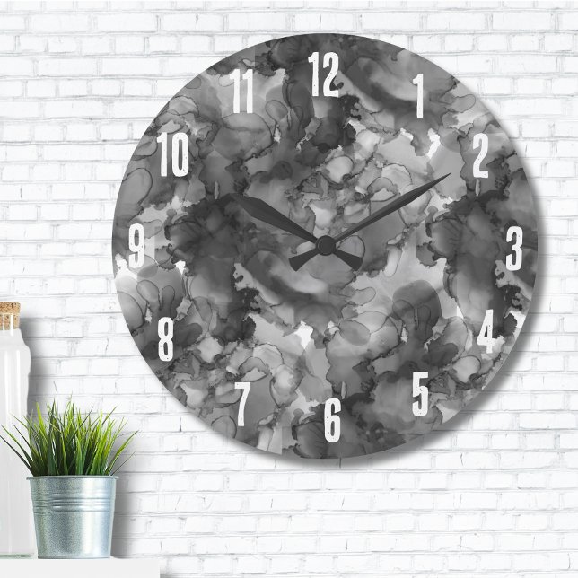Elegant Einfach Schwarz-weiß Große Wanduhr (Cute Modern Minimal Elegant Gray Black Watercolor Large Clock)