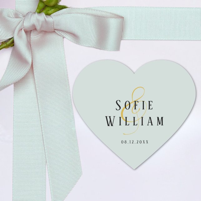Elegant einfache Hochzeitnamen Datum grüne Aufkleb Herz-Aufkleber (Von Creator hochgeladen)