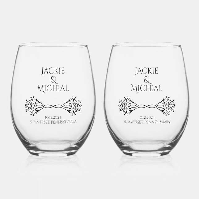 Elegant Einzigartige Hochzeit Personalisierter Paa Weinglas Ohne Stiel (Vorderseite)