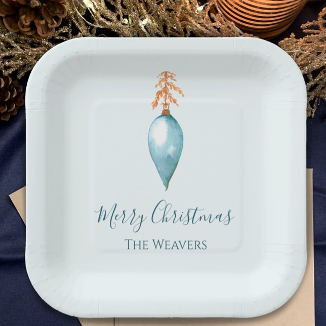 Elegant Einzigartiges Blue Watercolor Custom Weihn Pappteller (Add your name to customize the blue hand painted watercolor Christmas dinner paper plates. 
)
