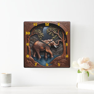 Elegant Elephant Amidst Ruhe Wasserfall Szene Quadratische Wanduhr