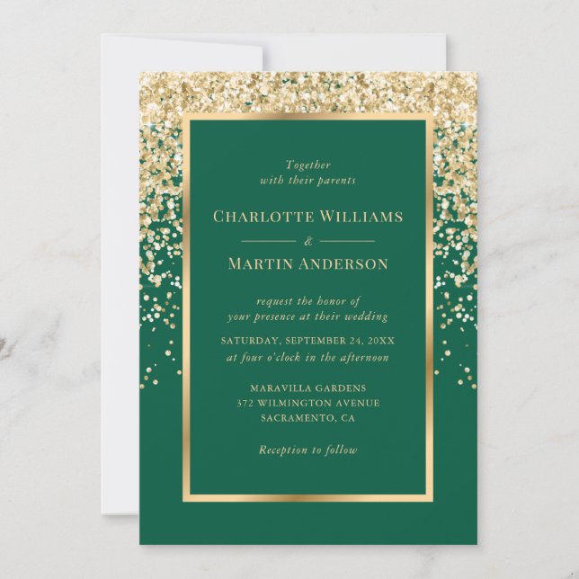 Elegant Emerald and Gold Confetti Wedding Einladung (Vorderseite)