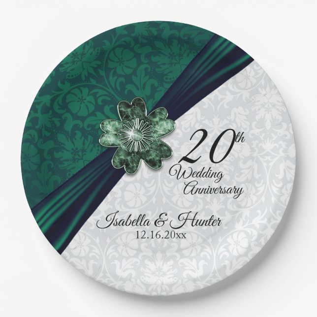 Elegant Emerald Damask 20 Jahre Pappteller (Vorderseite)