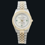 Elegant Emerald Diamonds 20. Hochzeitstag Armbanduhr<br><div class="desc">Opulente Eleganz umrahmt dieses 20-jährige Hochzeitsstipendesign in einem einzigartigen geschmolzenen Diamantendesign mit zentrischem Teardrop-Diamant mit herzförmigen smaragdgrünen Akzenten und Imitaten, die Glitzern auf einem weißen goldfarbenen Farbverlauf hinzufügen. Bitte beachten Sie, dass alle Verzierungen bedruckt sind und nur so gedruckt werden, dass sie möglichst real in einem flachen, bedruckten Design erscheinen....</div>