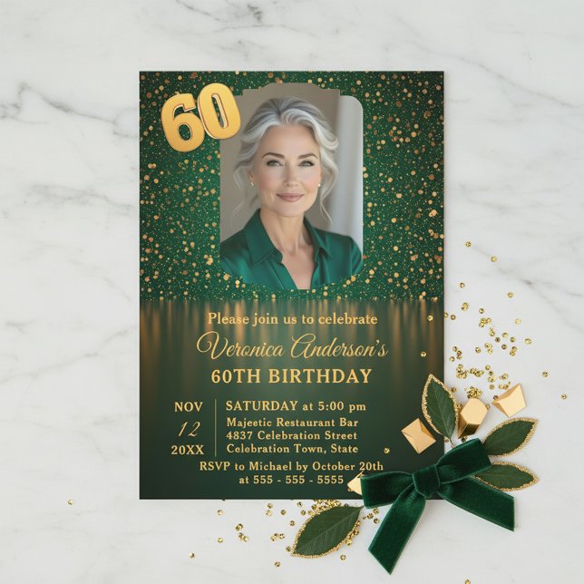 Elegant Emerald Gold Glitter 60th Birthday Party Einladung (Von Creator hochgeladen)