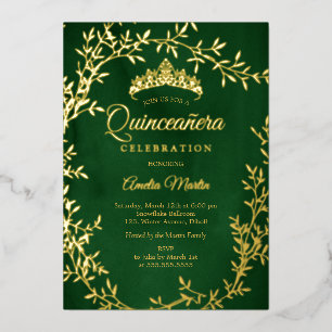 Elegant Emerald Gold Leaf Wreath Quinceanera Folieneinladung