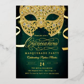 Elegant Emerald Gold Masquerade Quinceanera Folieneinladung