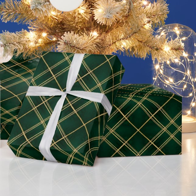 Elegant Emerald Gold Plaid Christmas Geschenkpapier (Feiertage)