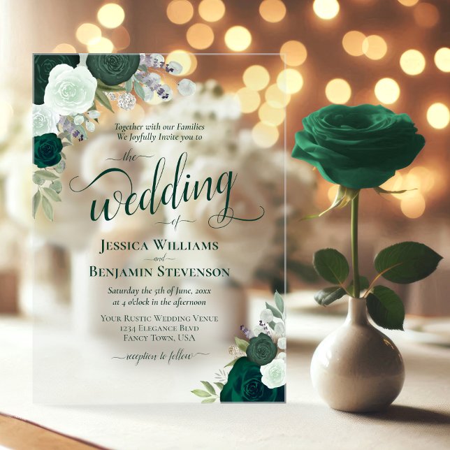 Elegant Emerald Green Boho Rose Extravagant Weddin Acryleinladungen (Clear Acrylic with Rectangle Cut)