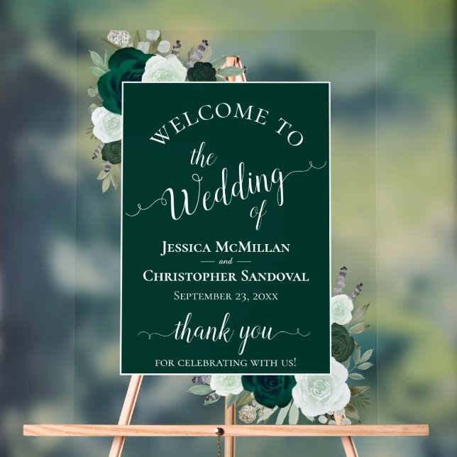 Elegant Emerald Green Boho Roses Wedding Welcome Acrylschild (Neutral)