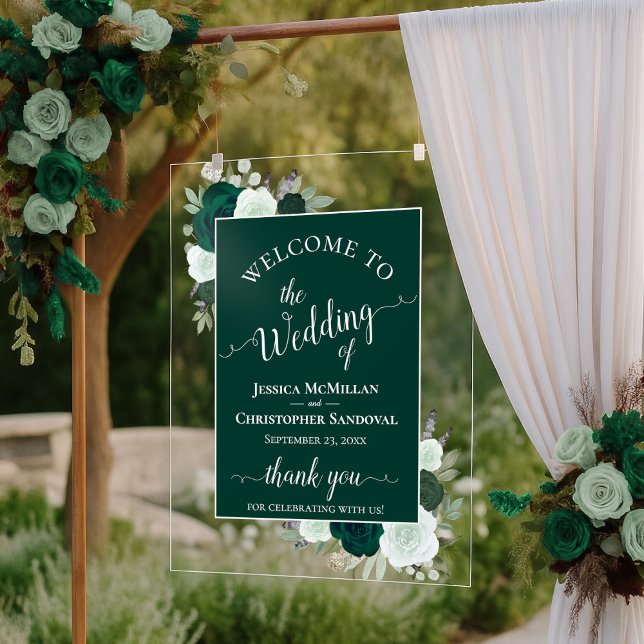 Elegant Emerald Green Boho Roses Wedding Welcome Acrylschild (Von Creator hochgeladen)