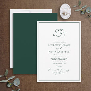 Elegant Emerald Green Calligraphy Monogram Wedding Einladung
