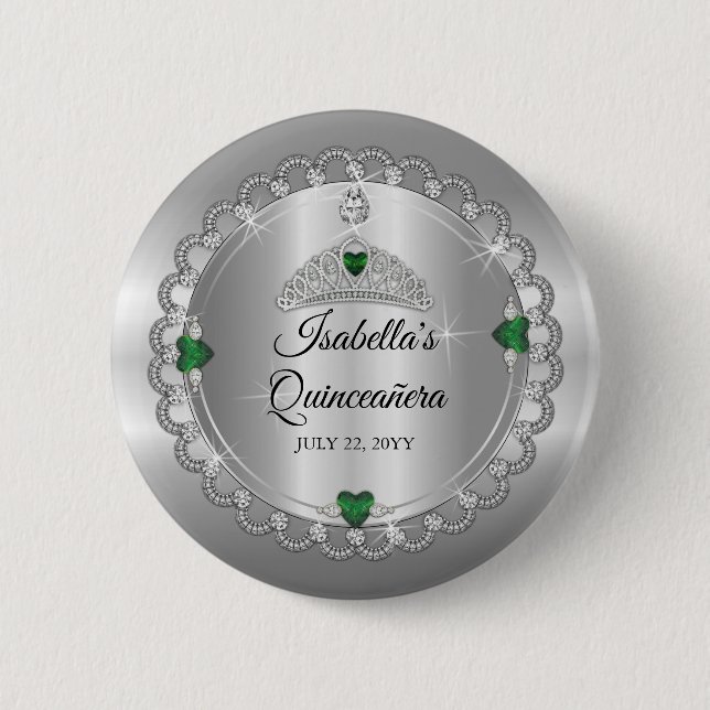 Elegant Emerald Green | Diamond Crown Quinceañera Button (Vorderseite)