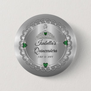 Elegant Emerald Green   Diamond Crown Quinceañera Button