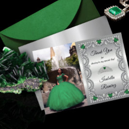 Elegant Emerald Green | Diamond Crown Quinceañera Dankeskarte