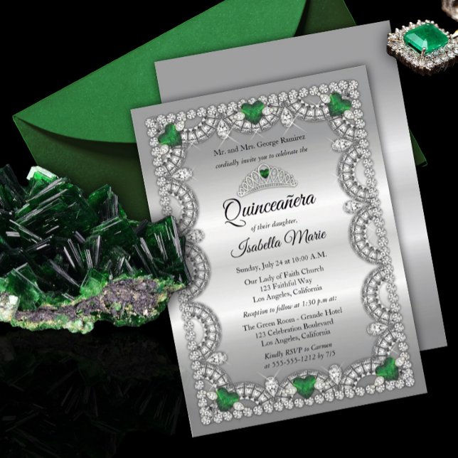 Elegant Emerald Green | Diamond Crown Quinceañera Einladung (Von Creator hochgeladen)