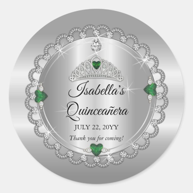 Elegant Emerald Green | Diamond Crown Quinceañera Runder Aufkleber (Vorderseite)