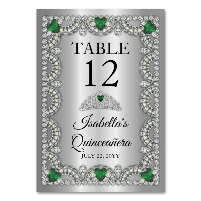 Elegant Emerald Green | Diamond Crown Quinceañera Tischnummer (Vorderseite)