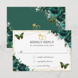 Elegant Emerald Green Floral Butterflies Wedding RSVP Karte