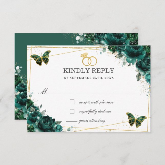 Elegant Emerald Green Floral Butterflies Wedding RSVP Karte (Vorne/Hinten)