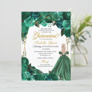 Elegant Emerald Green Floral Quinceanera Einladung