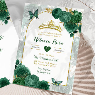 Elegant Emerald Green Floral Royal Quinceañera Einladung