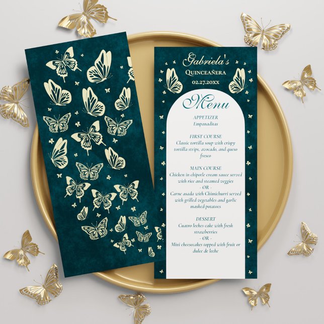 Elegant Emerald Green Gold Butterflies Quinceañera Menükarte (Elegant Emerald Green Gold Butterflies Quinceañera Menu)
