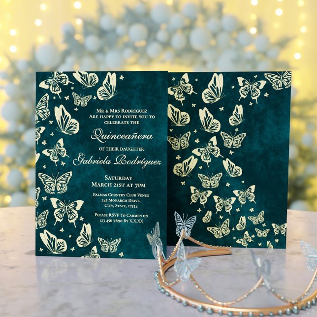 Elegant Emerald Green Gold Butterfly Quinceñera Einladung (Elegant Emerald Green Gold Butterfly Quinceañera Invitation)