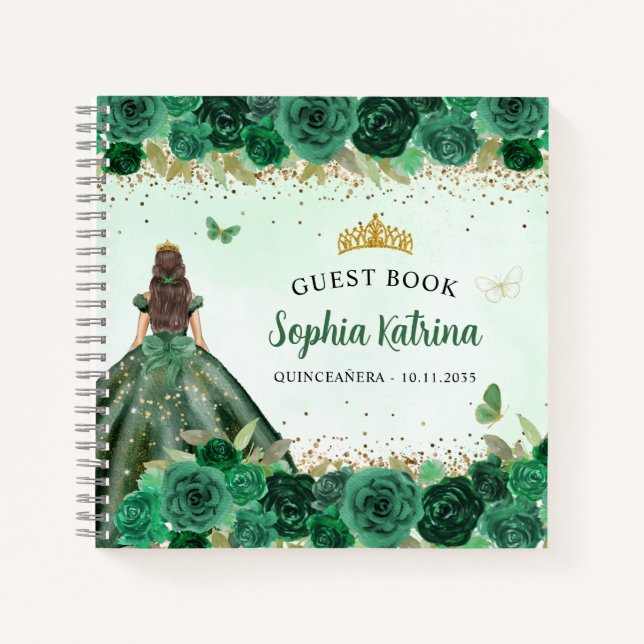 Elegant Emerald Green Gold Floral Quinceñera Notizbuch (Vorderseite)