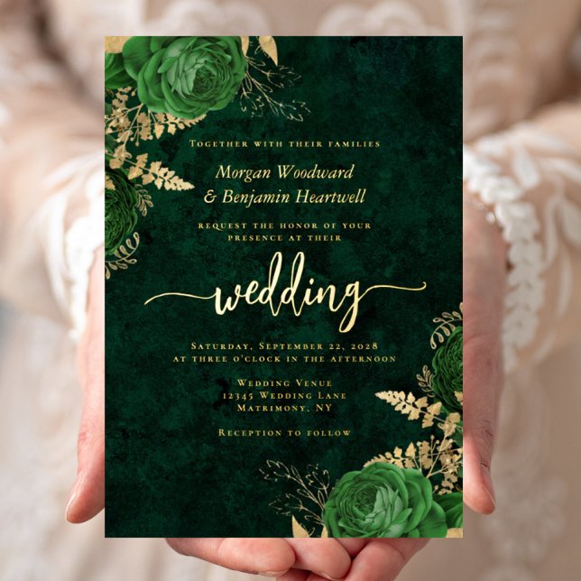 Elegant Emerald Green Gold Floral Wedding Folieneinladung (Von Creator hochgeladen)