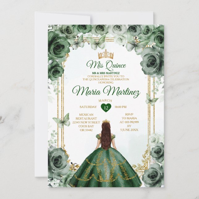 Elegant Emerald Green & Gold Mis Quince Sweet 16. Einladung (Vorderseite)