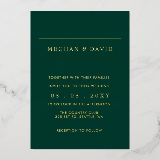 Elegant Emerald Green Gold Wedding Foil Einladung (Vorderseite)