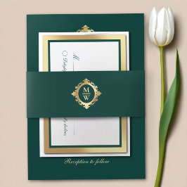Elegant Emerald Green Gold Wedding Monogram Einladungsbanderole