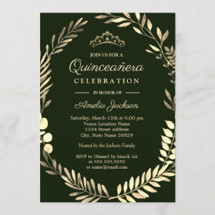 Elegant Emerald Green Gold Wreath Quinceanera Einladung