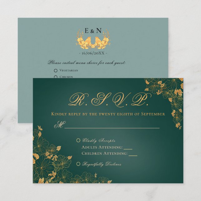 Elegant Emerald Green Golden Foliage Birds Initial RSVP Karte (Vorne/Hinten)