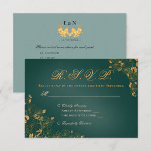 Elegant Emerald Green Golden Foliage Birds Initial RSVP Karte