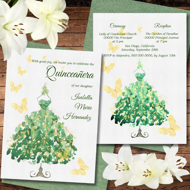 Elegant Emerald Green & Golden Quinceñera Einladung (Von Creator hochgeladen)