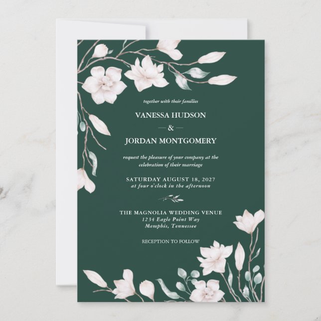Elegant Emerald Green Magnolia Wedding Einladung (Vorderseite)