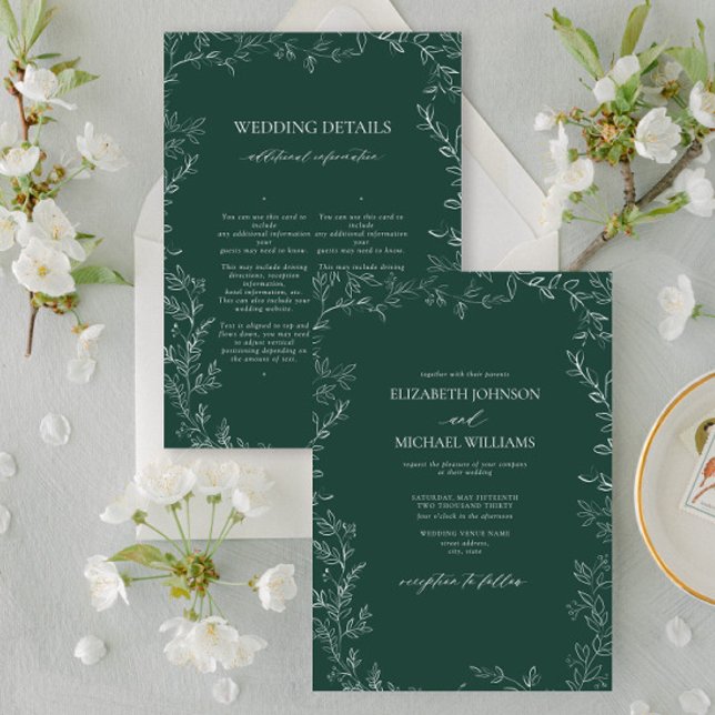 Elegant Emerald Green Minimal Leaf Details Wedding Einladung (Von Creator hochgeladen)