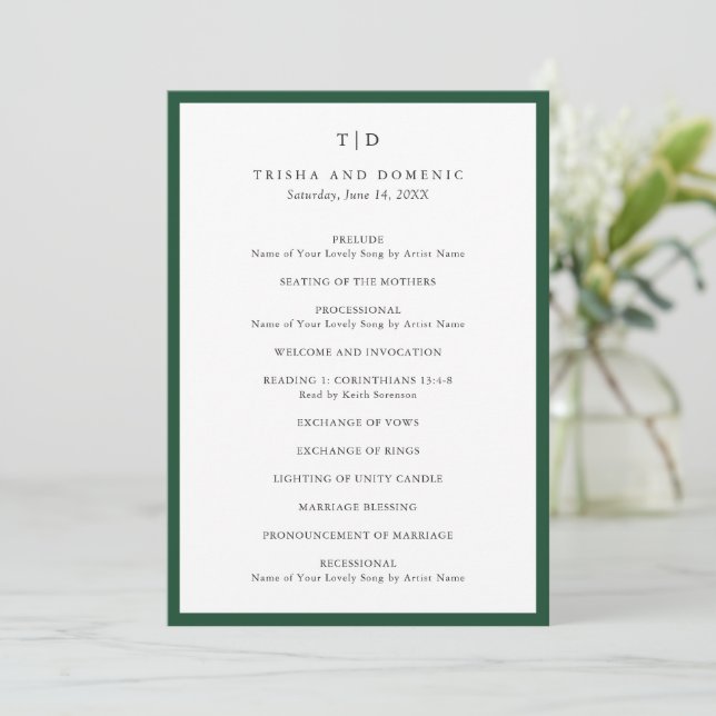 Elegant Emerald Green Monogram Modern Wedding Programm (Stehend Vorderseite)